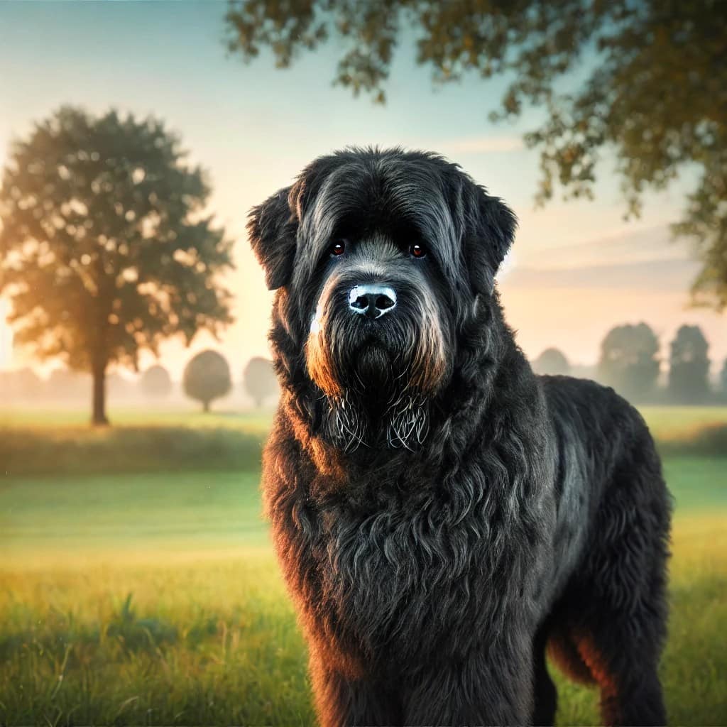 Majestic Bouvier des Flandres in a Beautiful Outdoor Landscape. A majestic Bouvier des Flandres standing proudly in a scenic outdoor setting with a lush green field and trees in the background.