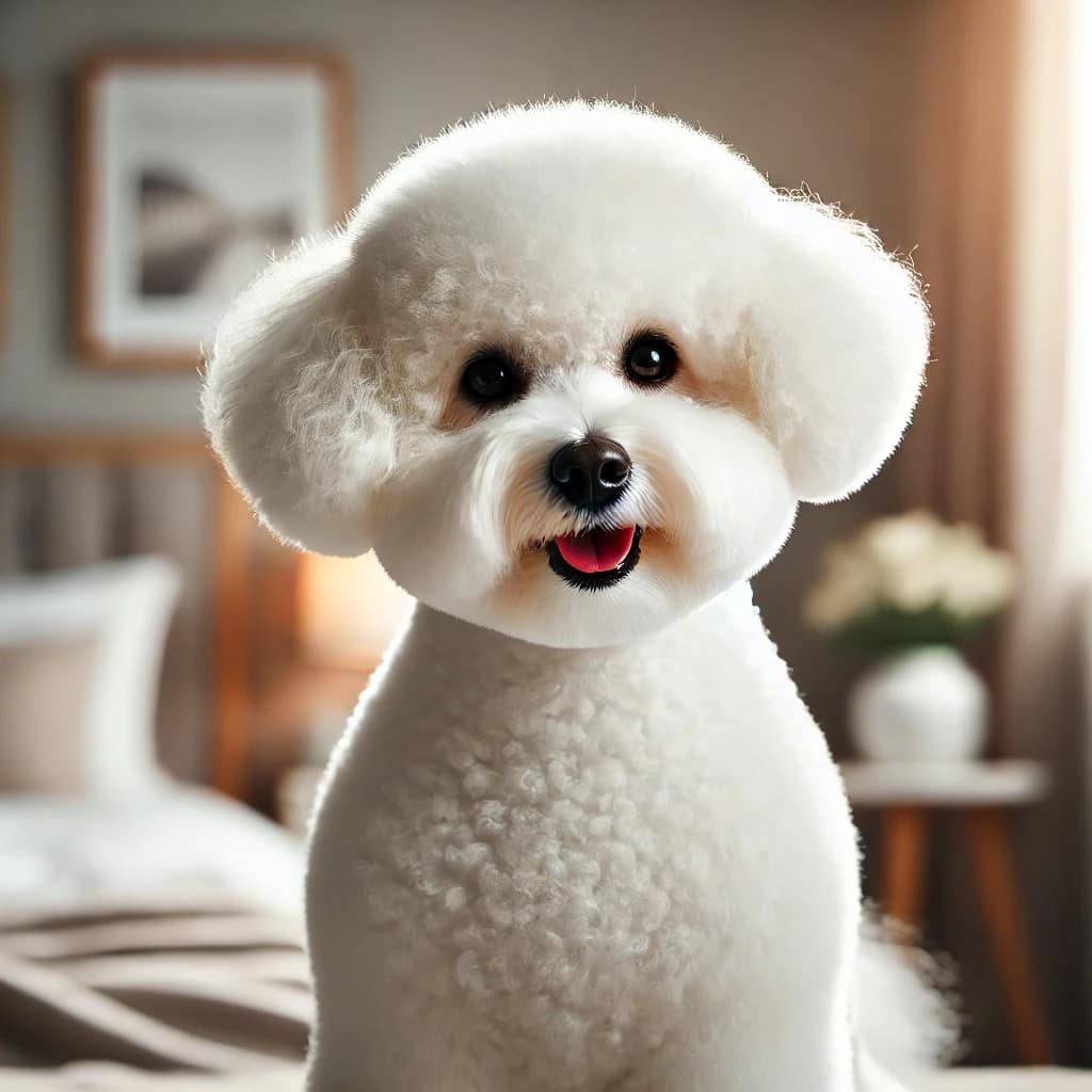 Beautiful Bichon Frise with a Fluffy White Coat in a Cozy Home Environment. A high-quality, photorealistic image of a well-groomed Bichon Frise with a fluffy white coat, sitting in a cozy indoor setting.