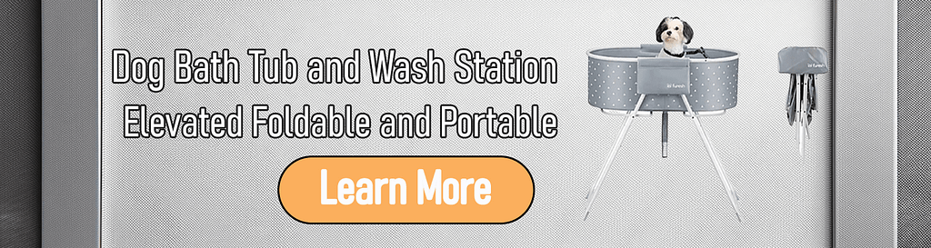 levated Foldable Dog Bath Tub & Wash Station – Portable Grooming Solution A portable, elevated, and foldable dog bath tub and wash station with a small dog inside. The product is designed for convenient at-home dog bathing. A folded version of the tub is displayed on the side, showing its compact storage capability. The image includes a "Learn More" button for further details.
