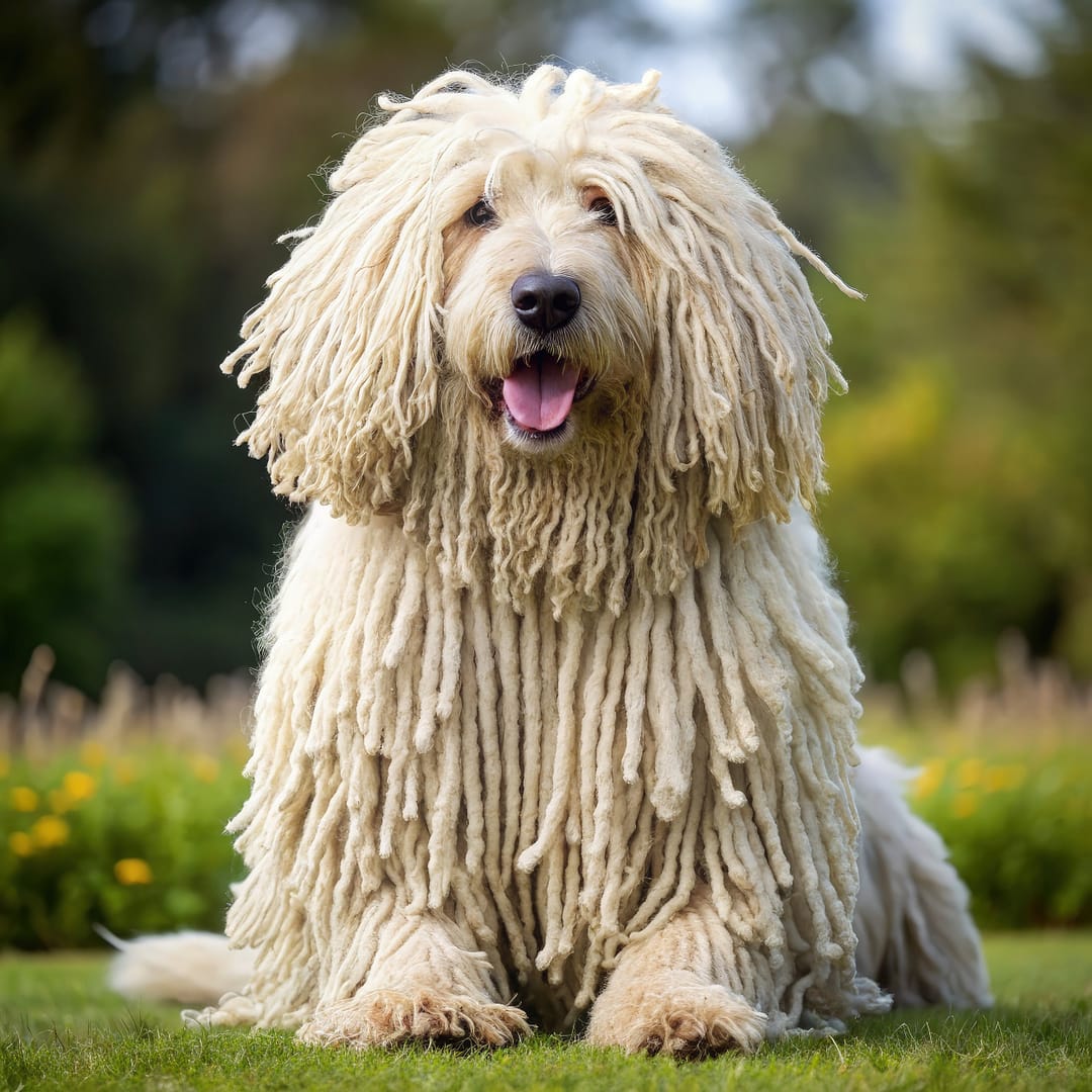 Brushing and maintaining a corded-coated dog – essential grooming tips for a healthy and well-kept coat. A well-groomed, corded-coated dog sitting outdoors, showcasing the importance of proper brushing and coat maintenance for healthy fur.