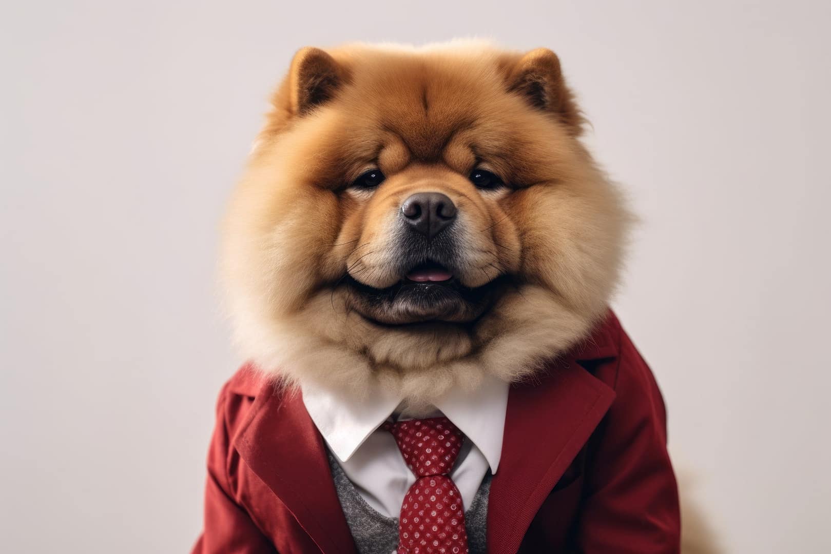 Elegant Chow Chow in a suit Grooming tips for a luxurious coat. Chow Chow dressed in a stylish red suit and tie, showcasing a well-groomed, fluffy coat.