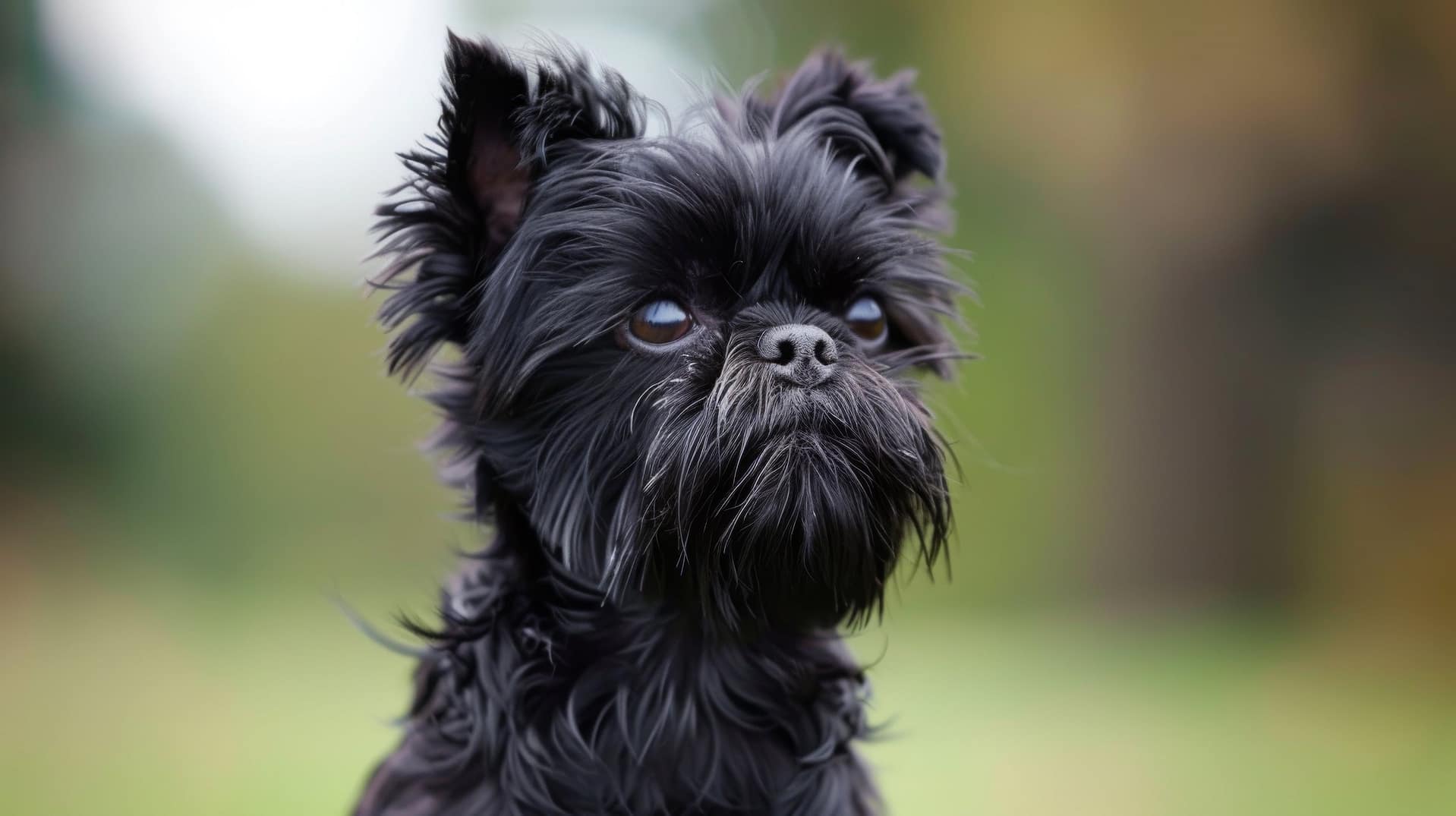 Black Brussels Griffon with a Scruffy Coat and Expressive Eyes. A striking black Brussels Griffon with a scruffy coat gazes into the distance, its expressive eyes and unique beard standing out.