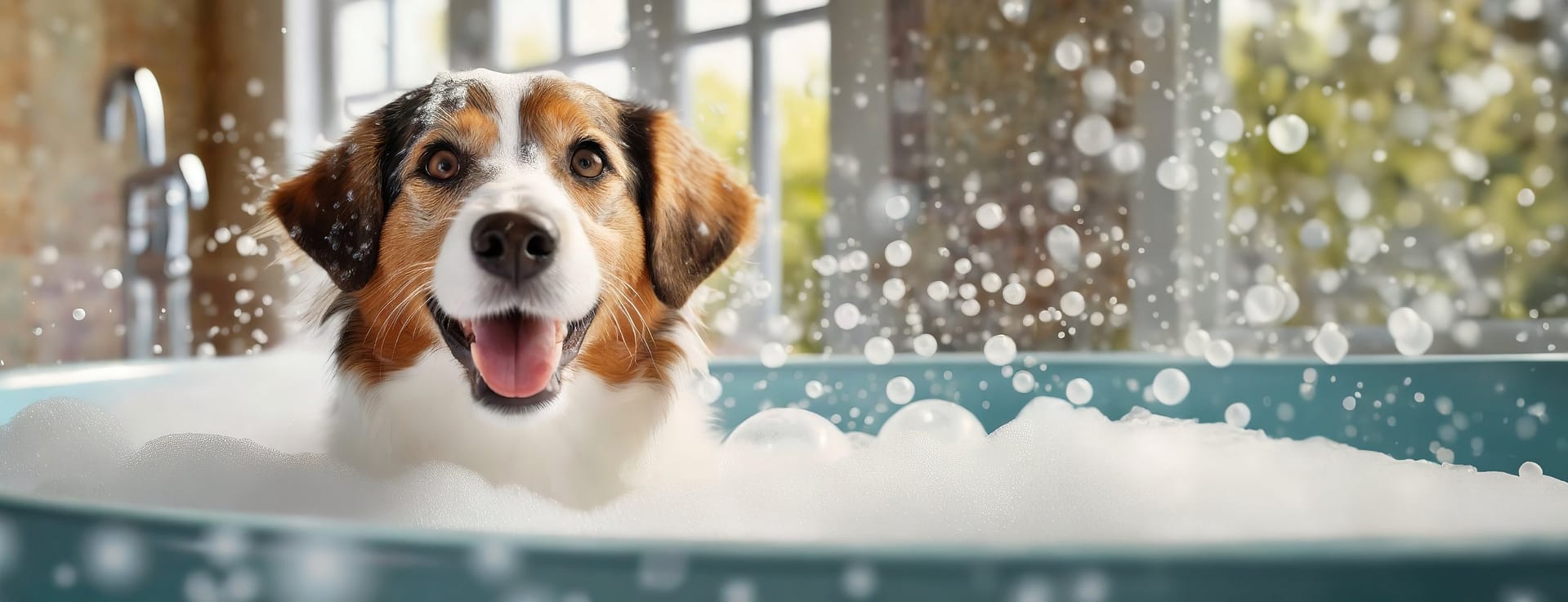 Happy dog enjoying a bubbly bath in a cozy home environment, illustrating how to bathe your dog properly for a clean and healthy coat