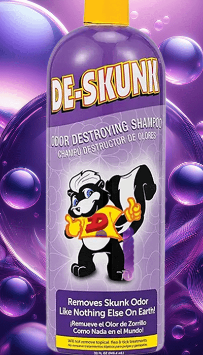 De-Skunk Odor Destroying Shampoo - Powerful Skunk Odor Remover for Pets. De-Skunk Odor Destroying Shampoo for Dogs - Effectively removes skunk odor and tough smells from pet fur.