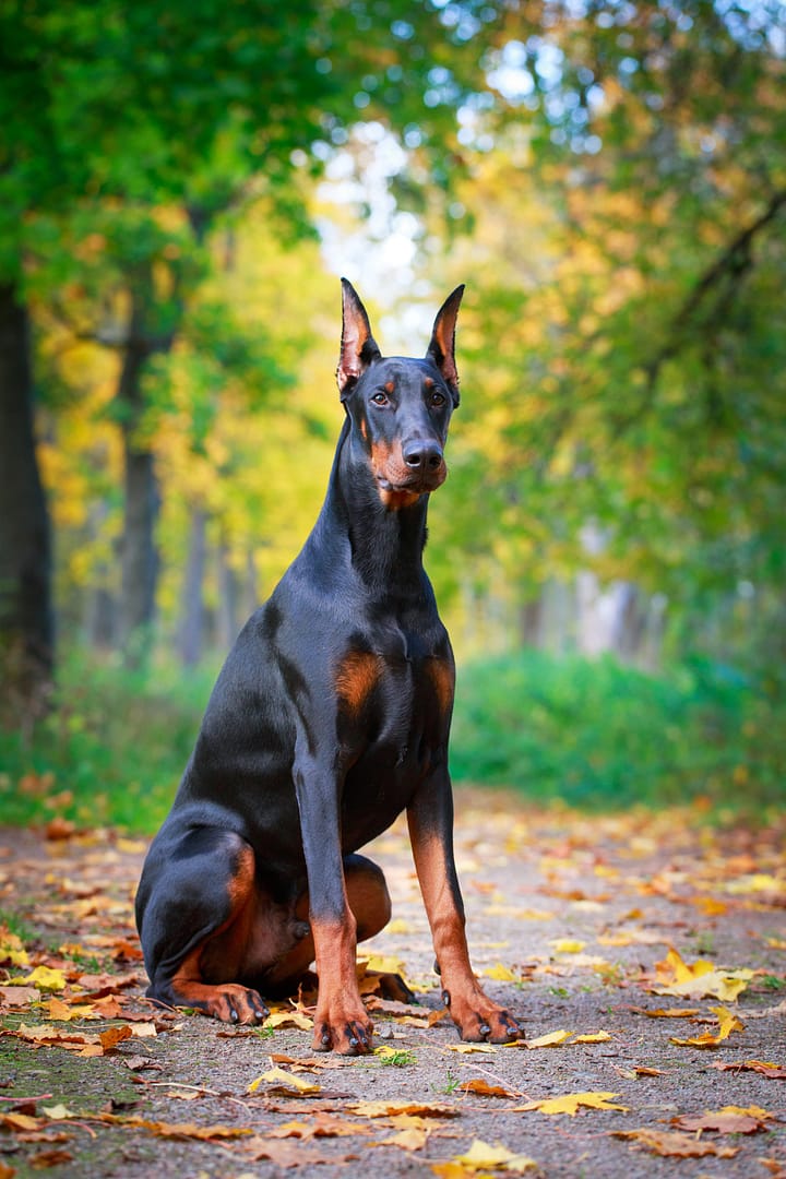 Grooming a Doberman Pinscher – tips for maintaining a healthy and glossy short coat. A majestic Doberman Pinscher sitting on a forest path surrounded by autumn leaves, showcasing its sleek, shiny coat.